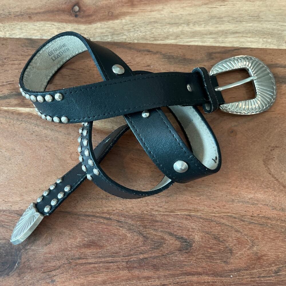 M/L leather belt western silver tone buckle studded black women's Y2K Gothic